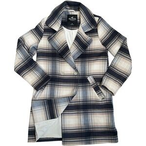 Hollister Plaid Double Breasted Trench Pea Coat Womens M‎ Beige Blue Gray Lined
